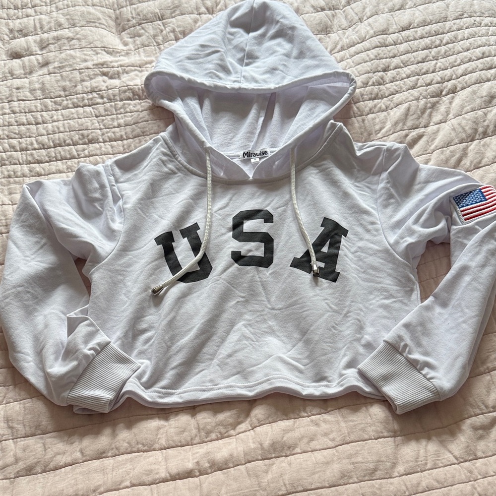 White USA Cropped Hoodie